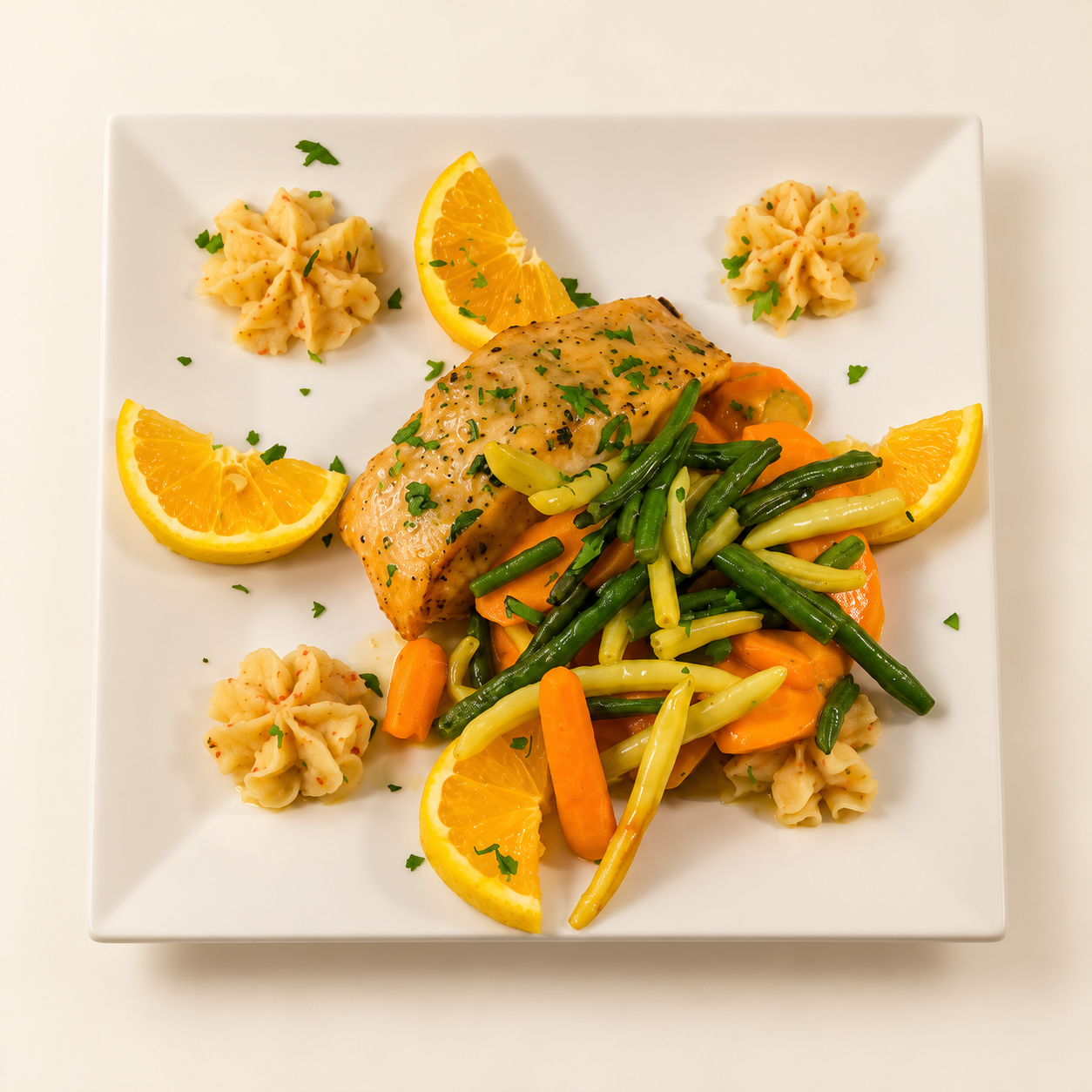 A plated entrée with mixed vegetables, orange slices and mashed potatoes