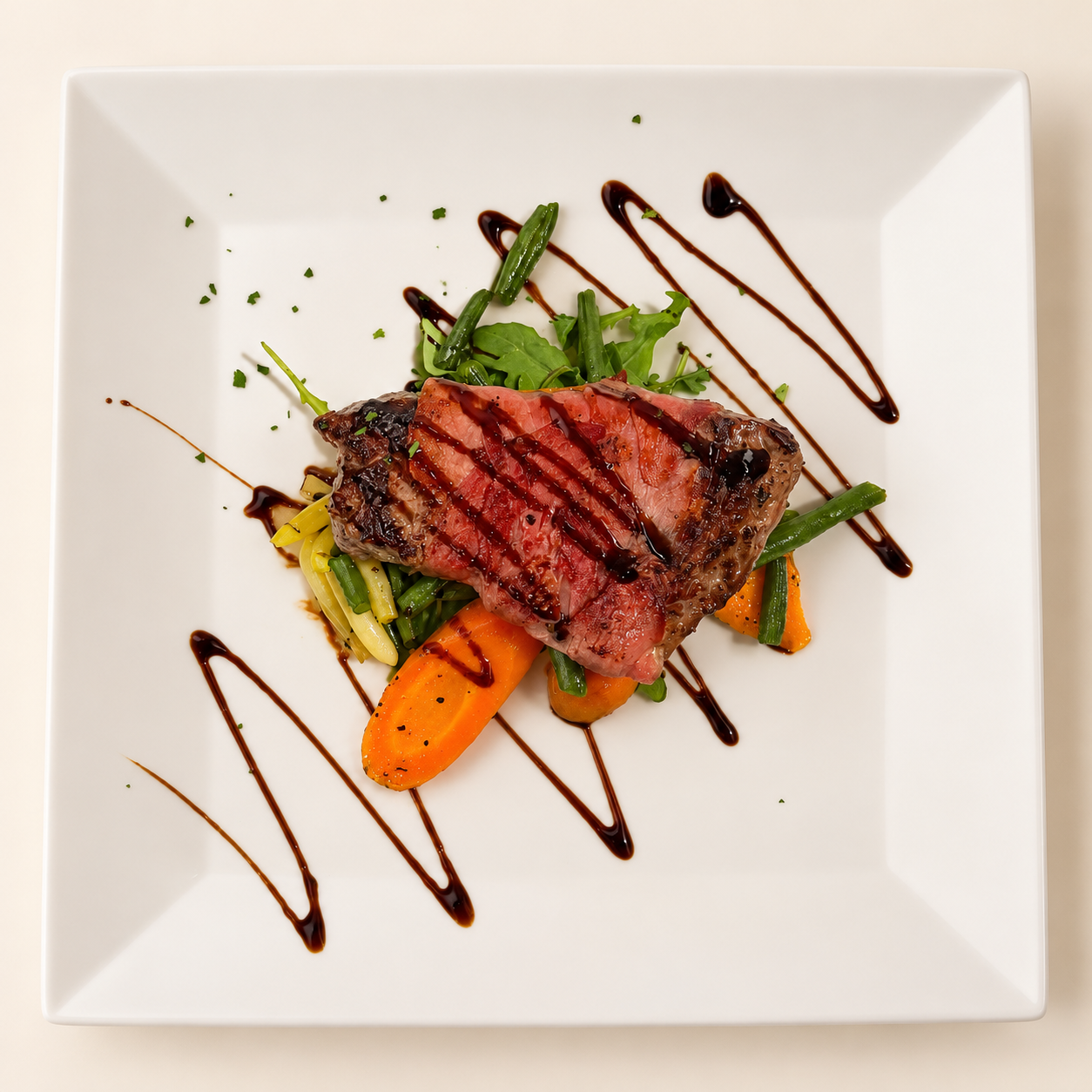 Villa Italiana's plated steak with vegetables and a sauce drizzle
