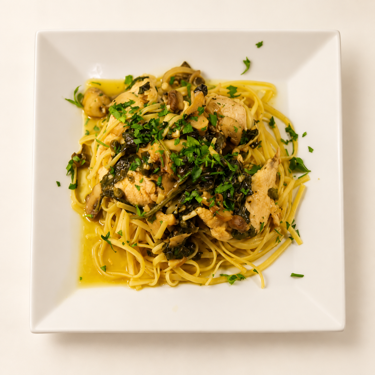 Linguine with mushrooms, greens and an herb garnish