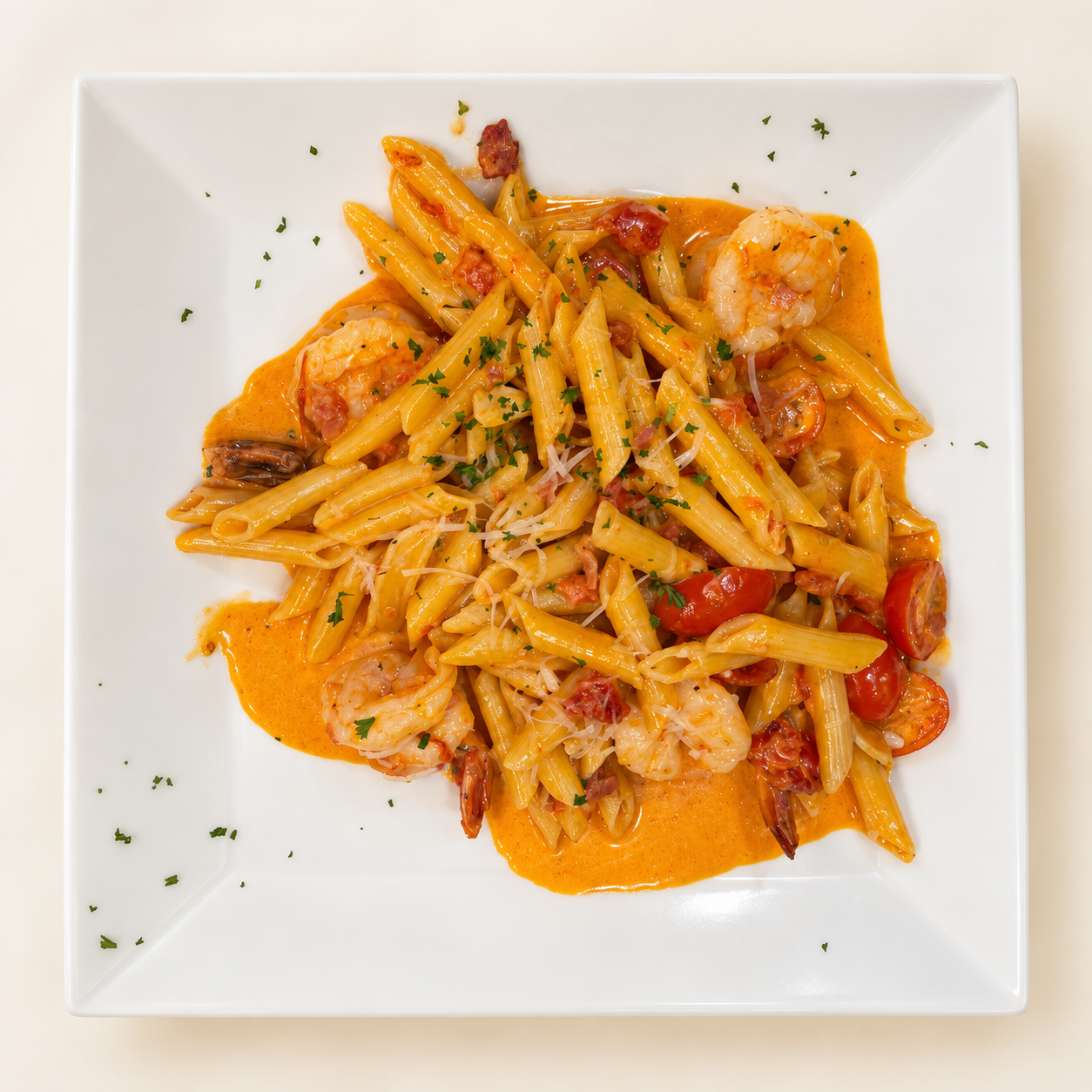 Penne pasta with shrimp, tomatoes and sauce