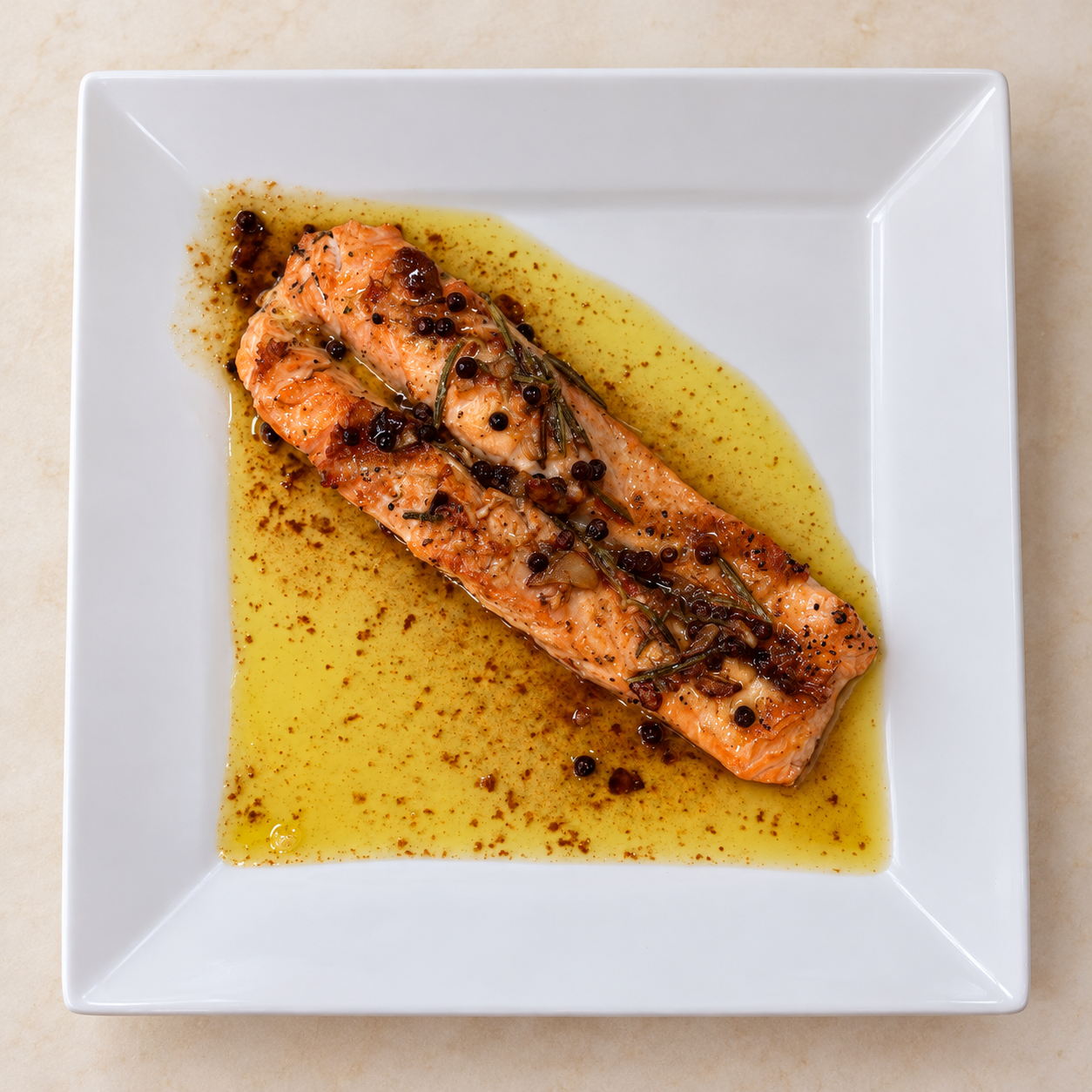 Salmon served with sauce on a white plate