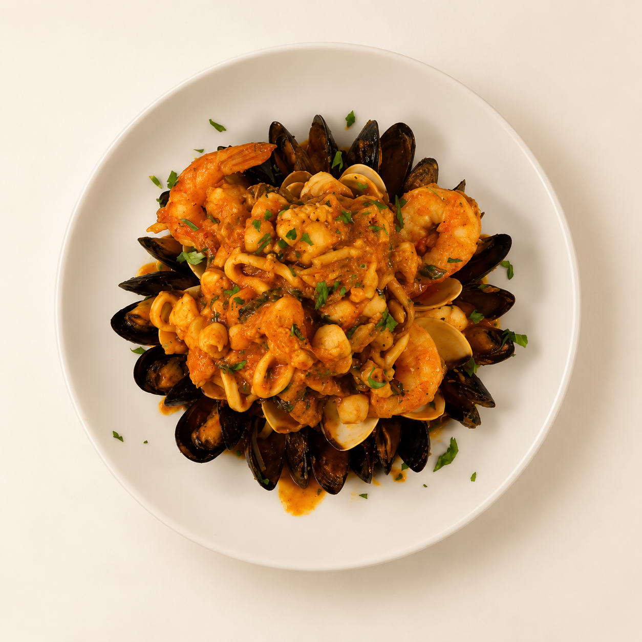 A seafood dish with mussels, clams, shrimp and sauce