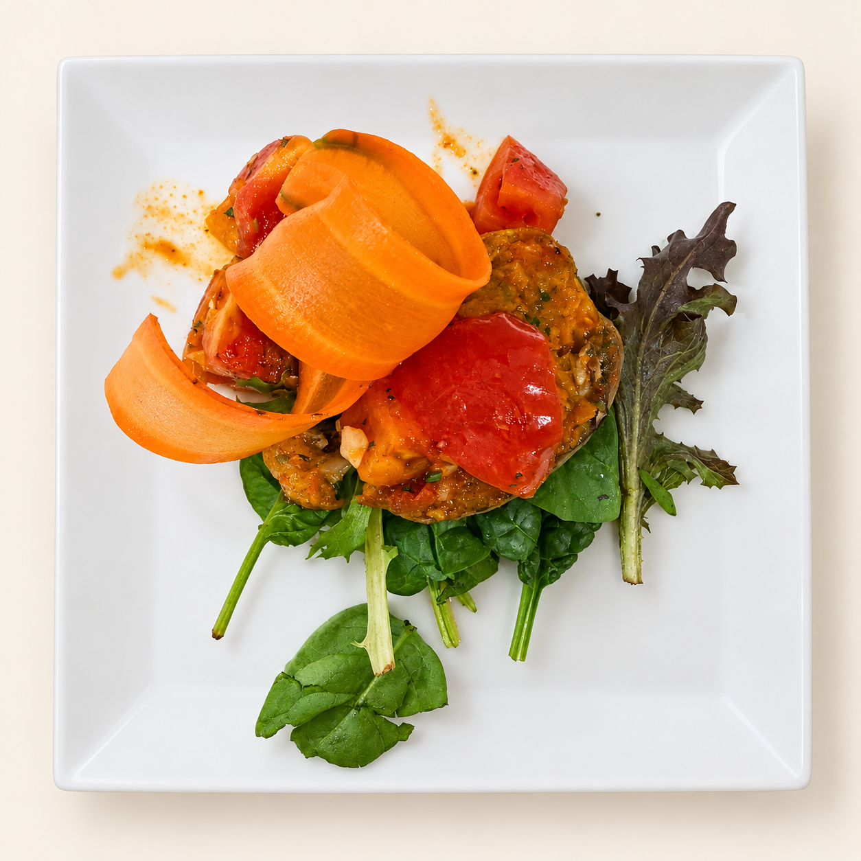 A plated starter with greens, tomatoes and a carrot ribbon